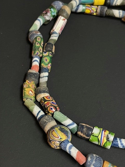 Vintage tradebeads necklace from Ghana mix striped and millefiori