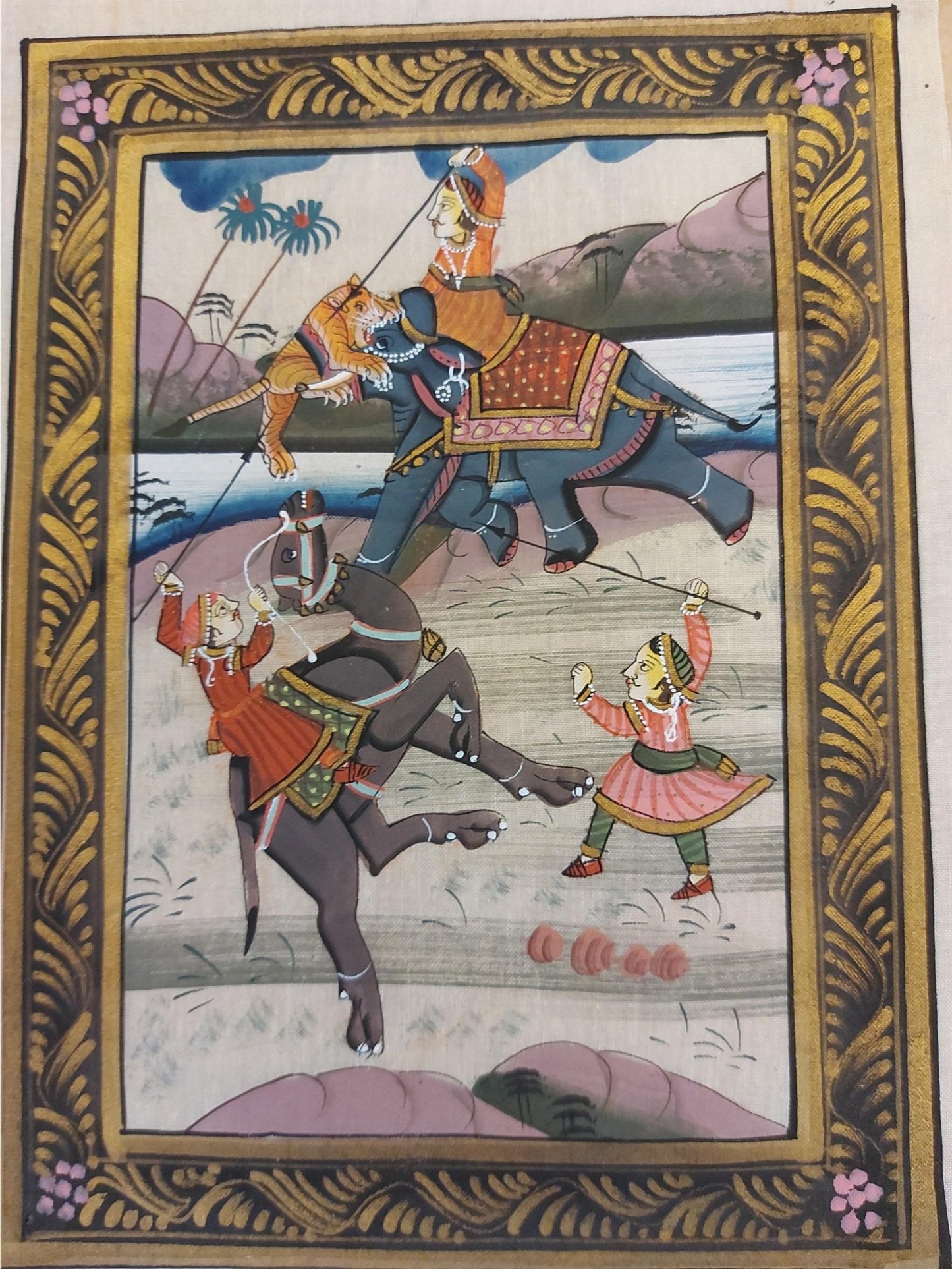 Scène de chasse sur soie d'Inde