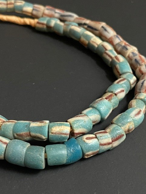 Vintage Ghanaian trade bead necklace blue striped 