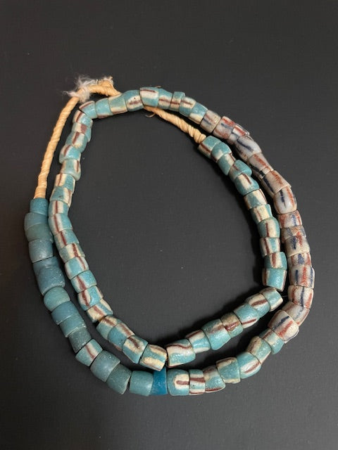 Vintage Ghanaian trade bead necklace blue striped 