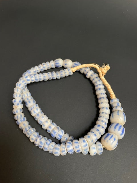Long vintage tradebeads necklace from Ghana white-blue