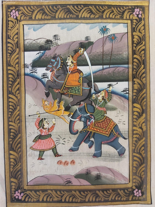 Scène de chasse sur soie d'Inde