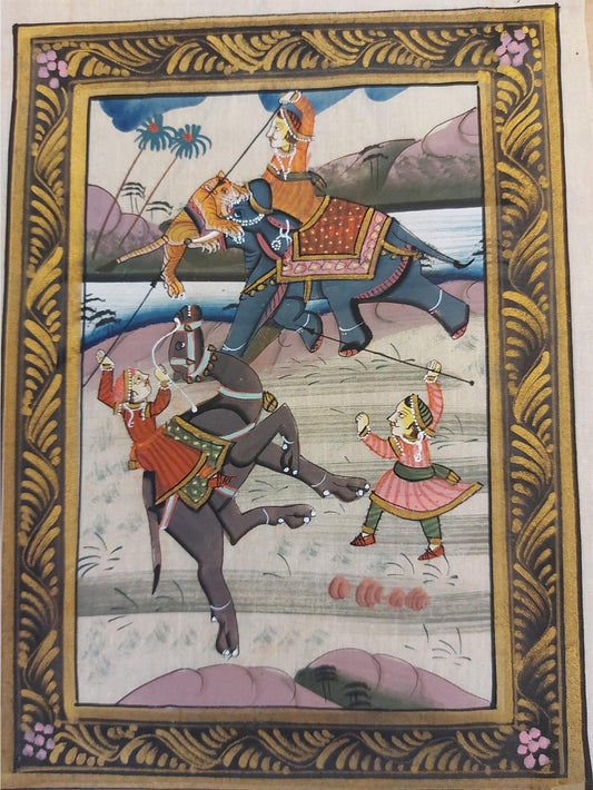 Scène de chasse sur soie d'Inde